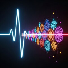 Vibrant neon geometric shapes connected by a pulse line, symbolizing digital connectivity.