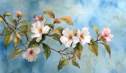 Watercolor floral arrangement with white and pink blossoms on a curving branch, set against a blue and gold wash