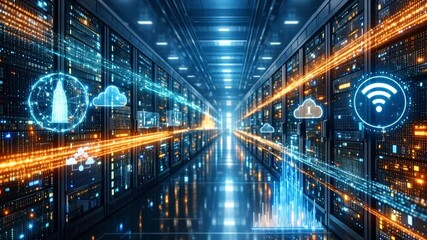 Futuristic Data Center Server Room with Technicians Working Amidst AI and IoT Digital Interface Overlays - Powered by Adobe