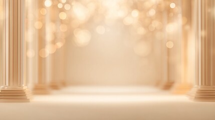 Naklejka premium Soft golden hues fill the exclusive lounge, creating a warm atmosphere. Tall columns stand gracefully as twinkling lights enhance the festive spirit, inviting guests to unwind