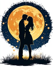 Romantic night embrace under full moon park digital artwork silhouette intimate concept