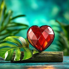Heart-shaped gemstone displayed among tropical foliage nature photography vibrant environment close-up view