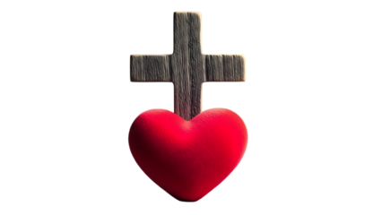 A red heart pierced by a wooden christian cross on a black background