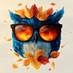 Vibrant owl in sunglasses surrounded by autumn leaves nature art digital illustration colorful environment creative concept