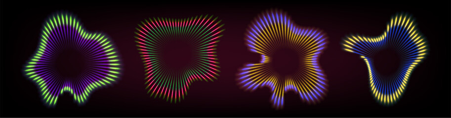 Sound wave ripple effect with concentric circular lines radiating outward. Neon gradient rays in dynamic signal pattern with vibrant radial geometry. Modern vector audio, music or speaker design. © klyaksun