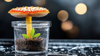 Vibrant red mushroom growth in glass pot indoor setting nature photography close-up view natural beauty