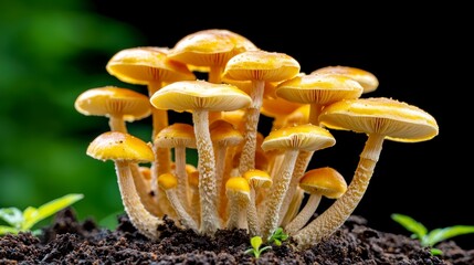 Vibrant yellow mushrooms growing in nature's soil close-up photography lush environment macro view for fungi enthusiasts
