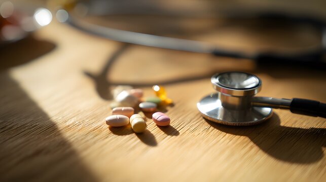 Healthcare compliance and medication management visualized in soft morning light on a wooden surface - Powered by Adobe