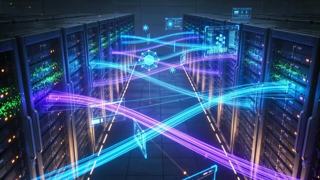 Futuristic Data Center Server Room with Technicians Working Amidst AI and IoT Digital Interface Overlays