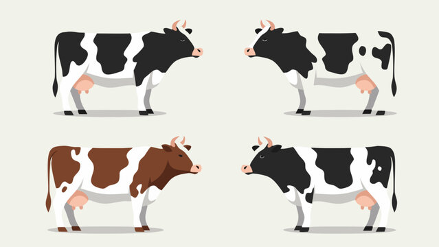Collection of illustrated dairy cows featuring black and white holstein and brown and white breeds