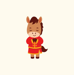 Cute Horse in Traditional Chinese New Year Outfit, Praying Gesture