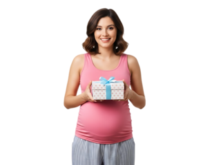 Pregnant woman holding a gift box with blue ribbon