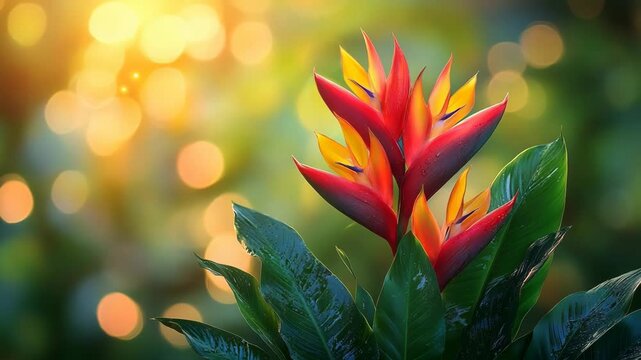 Vibrant Bird of Paradise Flowers Blooming in a Tropical Garden with Golden Bokeh Lights.