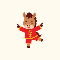 Cute Cartoon Horse in Red Chinese Outfit, Dancing  Celebrating