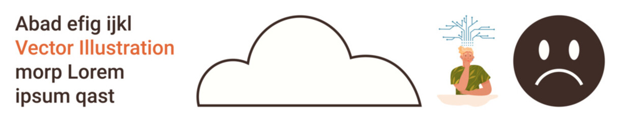 Mental health awareness, stress management, emotions, cloud concept, personal well-being, psychological support. Simple cloud shape, stressed human figure sad face icon. Mental health and stress