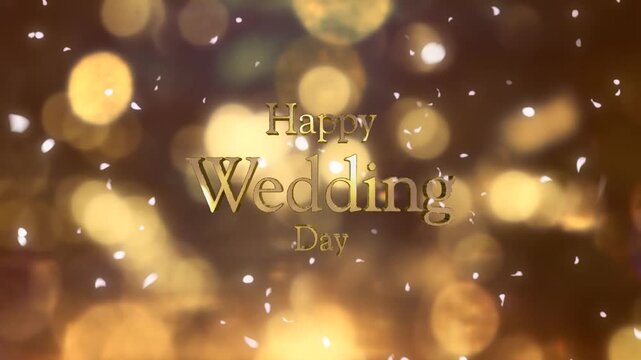 結婚式の背景　キラキラ輝くキャンドルの光の丸ボケにHappy Wedding Dayの3dテキスト　光を反射する文字の表面　舞い散る花びらフラワーシャワー　ウエディングパーティー・オープニング・タイトル・お祝いの背景