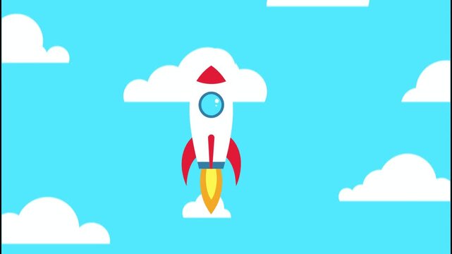 Flat Design Cartoon Rocket Ship Launching into Blue Sky with White Clouds and Fire Smoke Animation