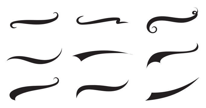 Swoosh and swash typography tails shape. Underline retro swoop wave line for athletic tshirt. Vector strockes set. Vector black sport tails. Swoosh silhouette elements for baseball, football or athlet
