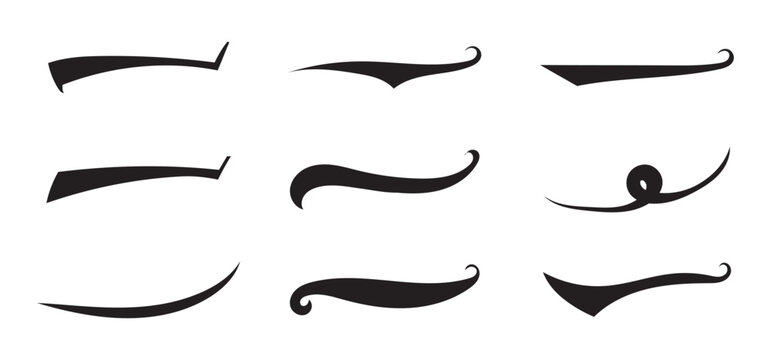 Swoosh and swash typography tails shape. Underline retro swoop wave line for athletic tshirt. Vector strockes set. Vector black sport tails. Swoosh silhouette elements for baseball, football or athlet