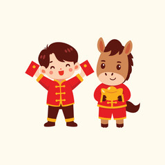 Happy Chinese New Year Boy with Red Envelopes and Horse with Gold Ingot