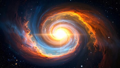 A swirl of hot orange flames and red energy spirals through the black space like a fractal sun explosion in this artistic fire and water illustration design