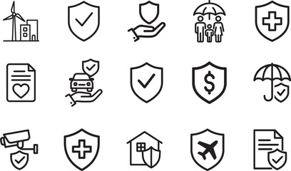 Insurance and protection icon set with shield, safety, coverage symbols vector eps.