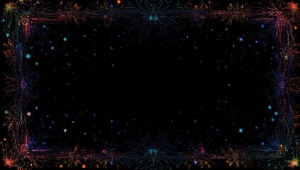 Obraz premium A dark frame of colorful, blurred fireworks-like effects with scattered, faint small dots on a solid black background