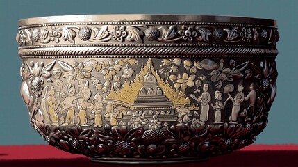 Antique Silver Bowl with Low-Relief Pagoda Design