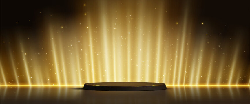 Golden stage podium with light beams and sparkling particles on black luxury background. Circular 3d platform illuminated by vertical rays for award ceremonies or premium product presentations.