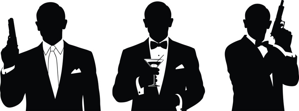 Spy silhouette illustration, secret agent pose, tuxedo characters, gun and martini gesture, black and white vector, James Bond style