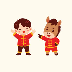 Happy Boy and Horse in Chinese New Year Outfits - Celebration, Tradition, Cartoon