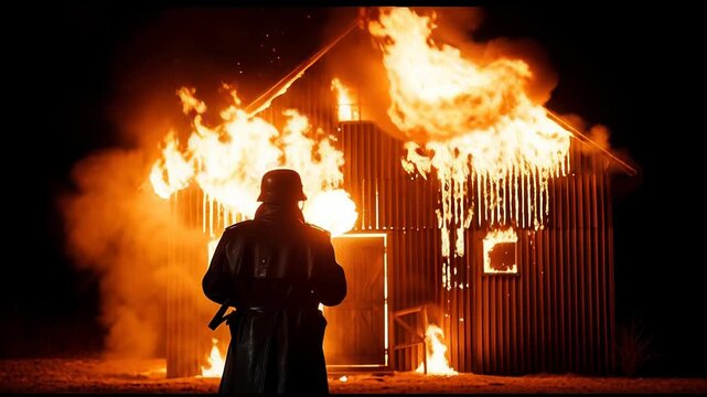 Intense silhouette of a soldier with a flamethrower attacking a blazing structure at night, cinematic war scene, dramatic fire glow