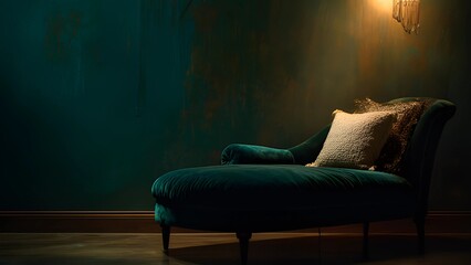 Emerald green velvet chaise lounge with rolled arms and a single backrest. Velvet chaise lounge in a deep teal, emerald green color with a light accent pillow with green wall background 