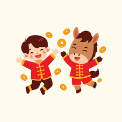 Happy Chinese New Year Boy and Horse Cartoon Jumping with Gold Coins