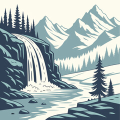 Blue and white of waterfall in mountains trees river © md munna