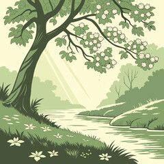 Fototapeta premium Blooming tree beside serene riverbank with sun rays