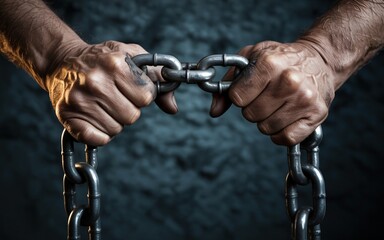  A pair of dirty, weathered hands tightly grips a thick metal chain against a dark, textured background.