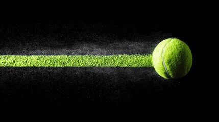 A vibrant yellow tennis ball streaks along a textured green line, amid fine particles, on black background
