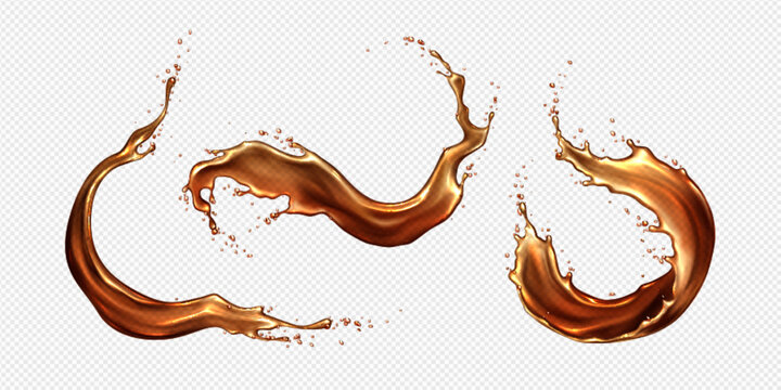 Cola splash with dynamic swirls and droplets on transparent backdrop. Realistic brown liquid waves with flowing motion and scattered bubbles for beverage advertising and cola product design.
