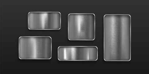 Metal tag collection with brushed steel texture on black background. Realistic 3D plates of chrome borders in rectangular and square shapes with metallic finish for badge design and tag mockup.