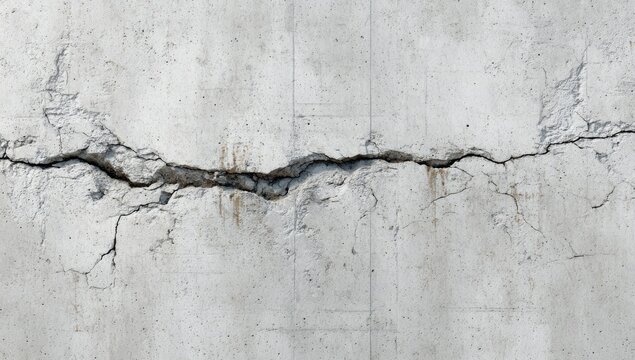 Cracked, textured concrete wall with horizontal fault lines and spalled sections