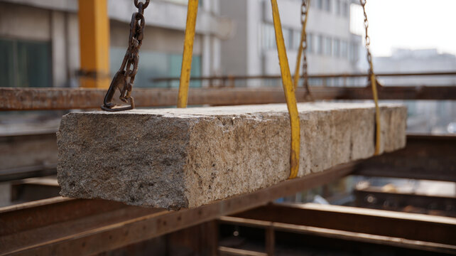 Masonry lintel placement on urban site, stone beam, crane, strap, steel frame