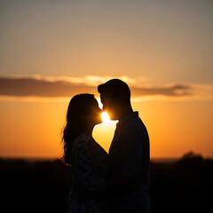 Fototapeta premium Romantic couple silhouette at sunset