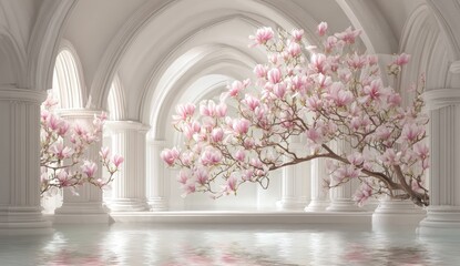 Elegant white arcade with pink flowers reflected on water, soft light and graceful archways