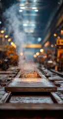 Obraz premium Industrial scene focusing on a metal plate with sparks amidst blurred factory setting