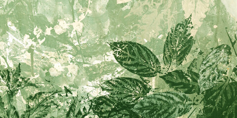 A natural, artistic green leaf pattern art painting on a canvas surface wallpaper background.
