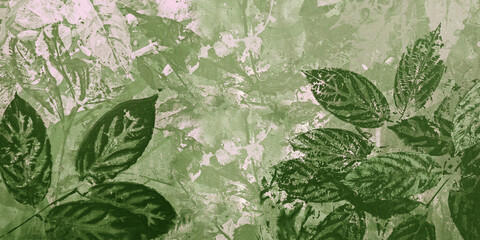 A natural, artistic green leaf pattern art painting on a canvas surface wallpaper background.