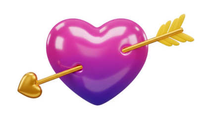 Pink heart pierced by golden arrow with heart shaped tip isolated on transparent background