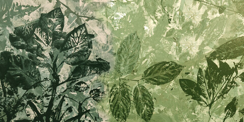 A natural, artistic green leaf pattern art painting on a canvas surface wallpaper background.