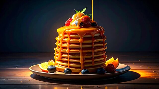 Stack of golden pancakes, caramel drizzle, berries, whipped cream, and mint on a plate